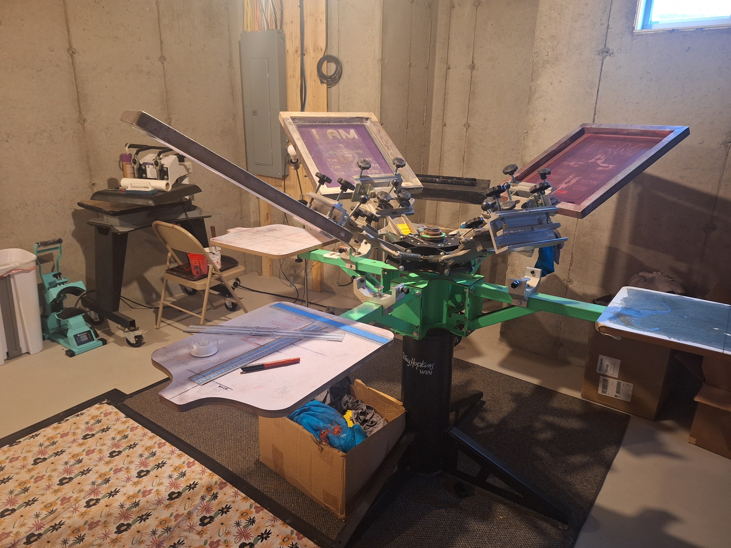 The basement screen-print press in Boston where every NVUS Hearts piece is printed by hand