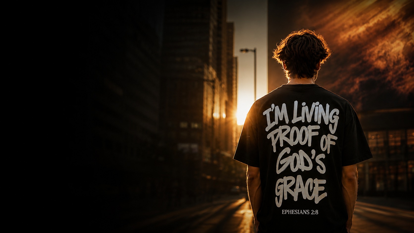 Man walking a Boston street at sunset wearing the black I'm Living Proof of God's Grace tee, Ephesians 2:8